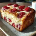 Cottage Cheese Strawberry Pound Cake Slice with soft strawberry center and golden edges