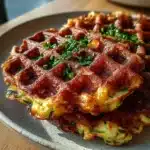 Cottage Cheese Zucchini Fritter Waffle Grid with crispy golden edges and cheesy pull