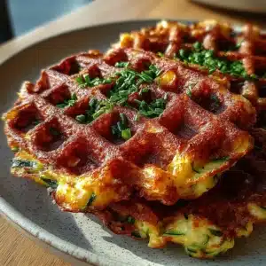 Cottage Cheese Zucchini Fritter Waffle Grid with crispy golden edges and cheesy pull