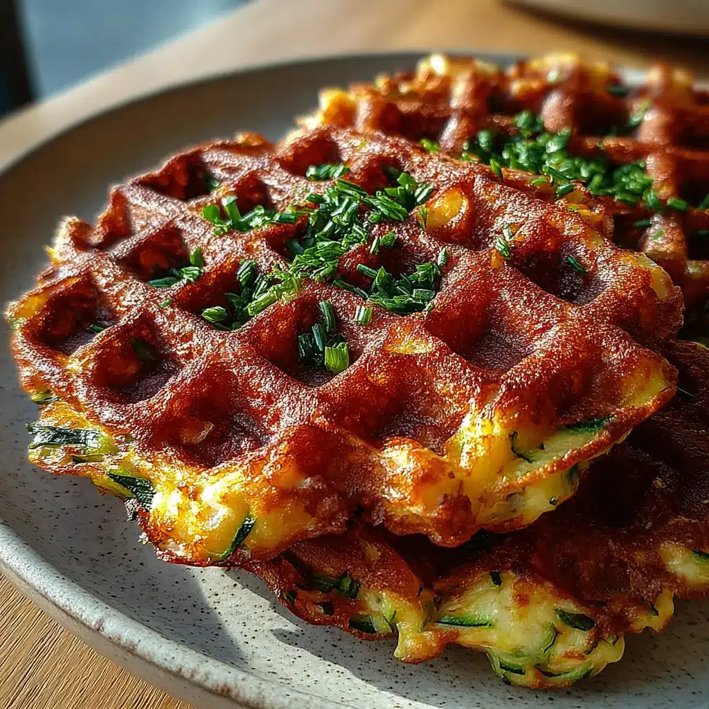 Cottage Cheese Zucchini Fritter Waffle Grid with crispy golden edges and cheesy pull