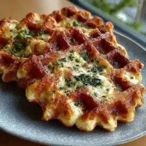 Garlic bread cottage cheese waffle grid with crispy golden edges and parsley on a plate
