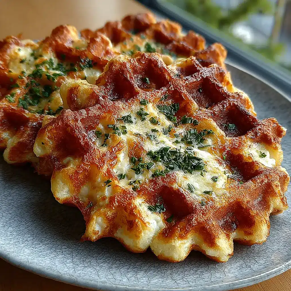 Garlic bread cottage cheese waffle grid with crispy golden edges and parsley on a plate