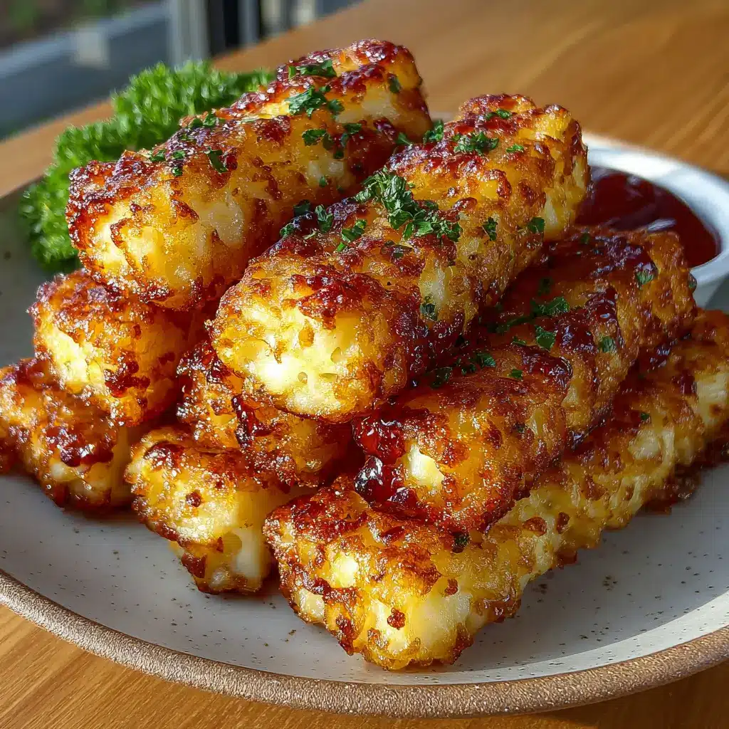 Golden cottage cheese tater tot sticks baked until crispy and served with dipping sauce.