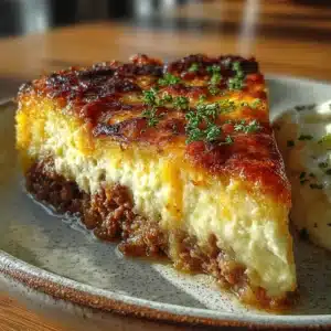 Shepherd’s Pie Cottage Cheese Skillet Slab with golden zero-potato crust in a skillet