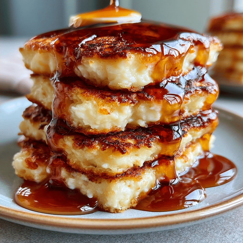 Fluffy Cottage Cheese Pancake Stack — Warm Syrup Drizzle