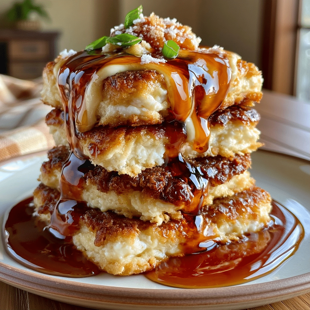 Fluffy Cottage Cheese Pancake Stack — Warm Syrup Drizzle