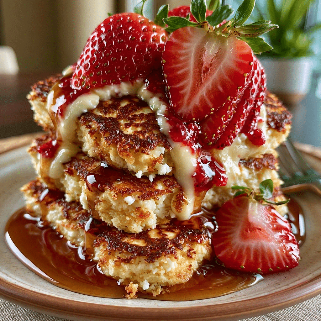 Fluffy Strawberry Cottage Cheese Pancake Stack Zero-Flour Syrup Drizzle
