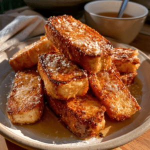 No-Flour Cottage Cheese French Toast Sticks — Warm Syrup Dip