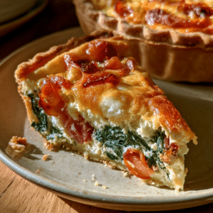 Golden Cottage Cheese Spinach Bacon Quiche — Clean Slice Lift