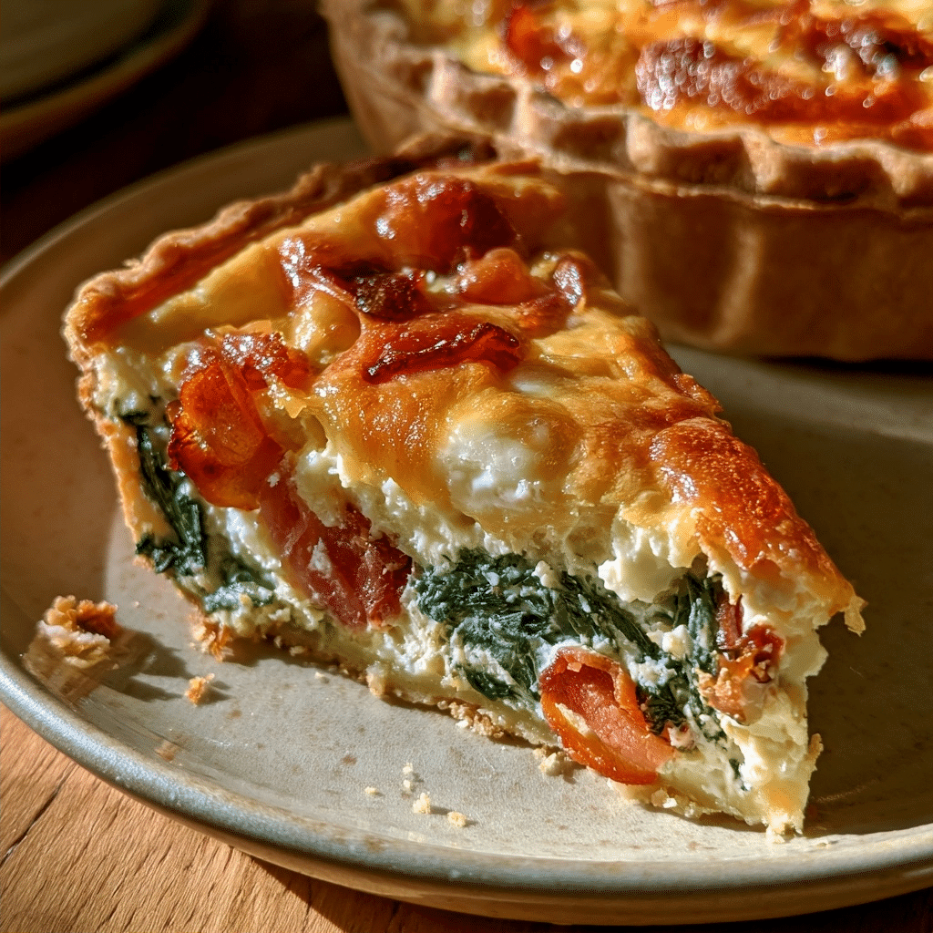 Golden Cottage Cheese Spinach Bacon Quiche — Clean Slice Lift