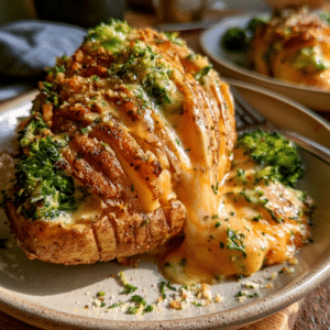Broccoli Cheddar Stuffed Hasselback Potatoes — Savory Cheese Pull