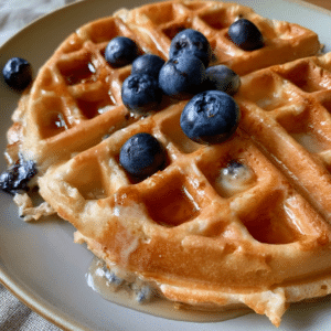 Golden Cottage Cheese Blueberry Vanilla Waffles — Fluffy Grid Tear