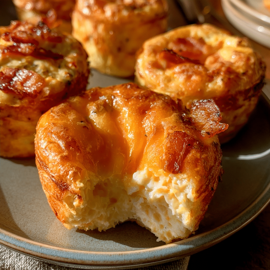 Fluffy Cottage Cheese Bacon & Sharp Cheddar Egg Bites — Velvety Golden Center Split
