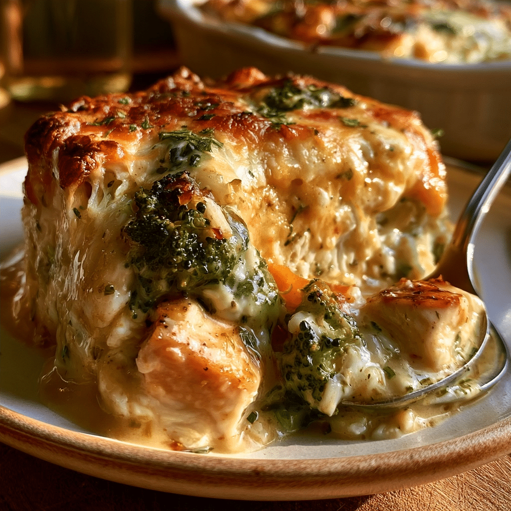 Homestyle Cottage Cheese Chicken Broccoli Rice Bake — Steaming Cheesy Spoonful