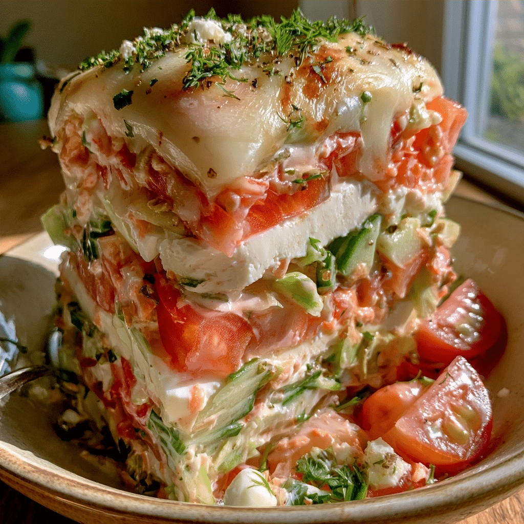 Classic Amish Cottage Cheese Seven-Layer Salad — Crisp Chilled Bowl Scoop
