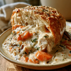 Homestyle Cottage Cheese Creamy Chicken & Wild Rice Soup — Steaming Crusty Bread Dunk
