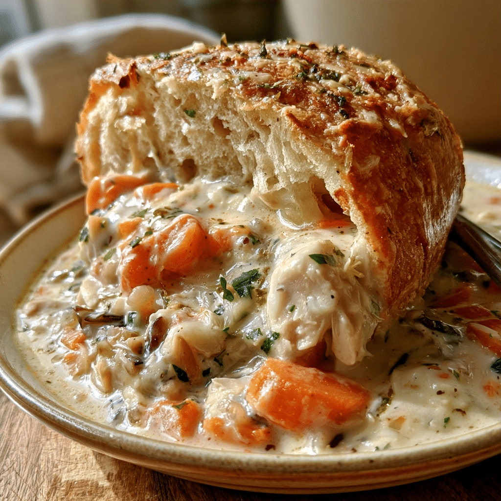 Homestyle Cottage Cheese Creamy Chicken & Wild Rice Soup — Steaming Crusty Bread Dunk